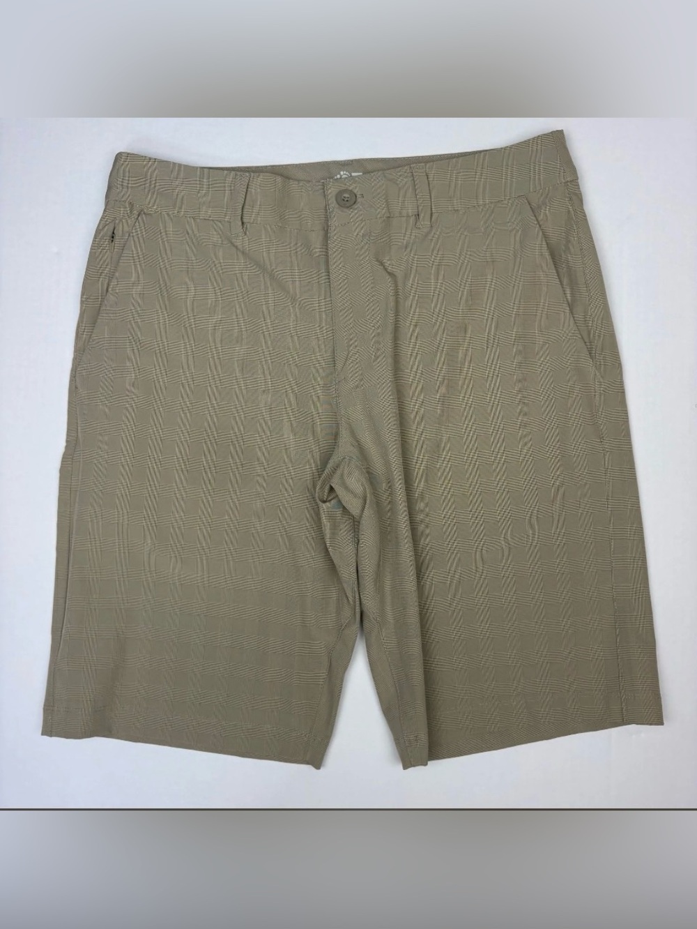 Hang Ten Men Size 32 Shorts Tan Khaki Check Polyester Blend Knee Length Casual